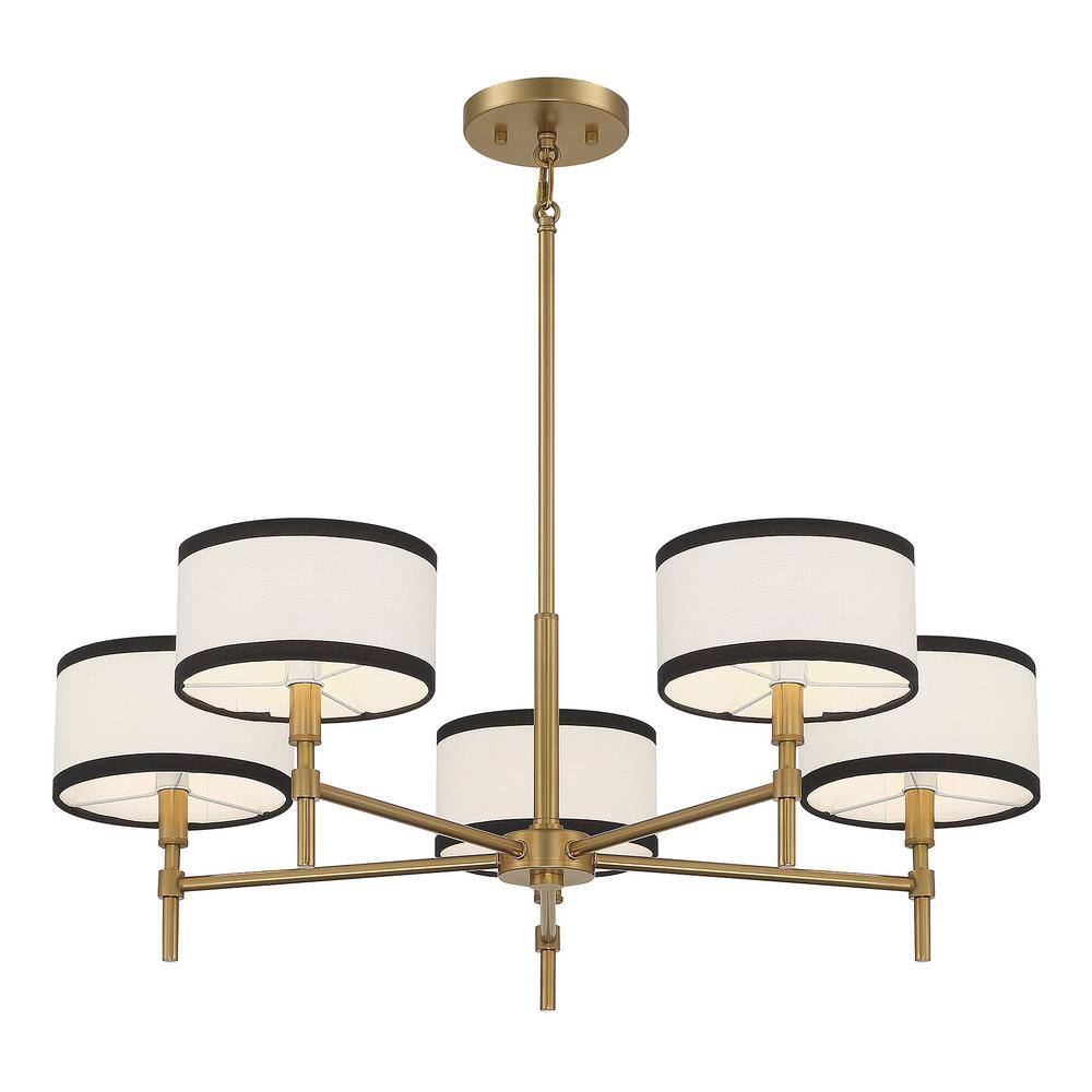 Meridian Classic 5-Light Chandelier in Natural Brass with Two-Tone Drum Shades