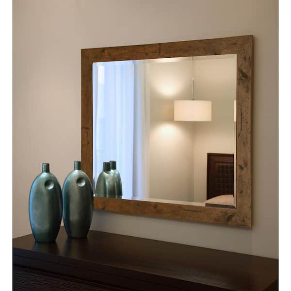 Unbranded 28 in. W x 32 in. H Framed Rectangular Beveled Edge Bathroom Vanity Mirror in Brown