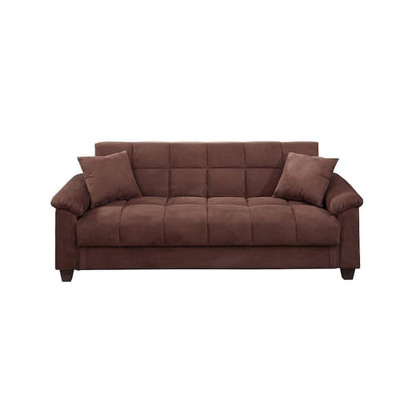 Benjara Choco Brown Padded Arms Microfiber Fabric Upholstery Contemporary Style Adjustable Sofa With 2-Pillows