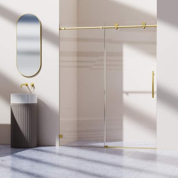 56-60" W x 74" H Frameless Single Sliding Shower Door in Brushed Gold with 5/17" Clear Glass Soft-Close Easy Install