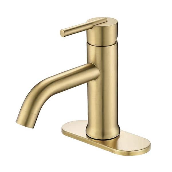 Single Handle Straight Spout Single Hole Bathroom Sink Faucet with Deckplate Included in Brushed Gold