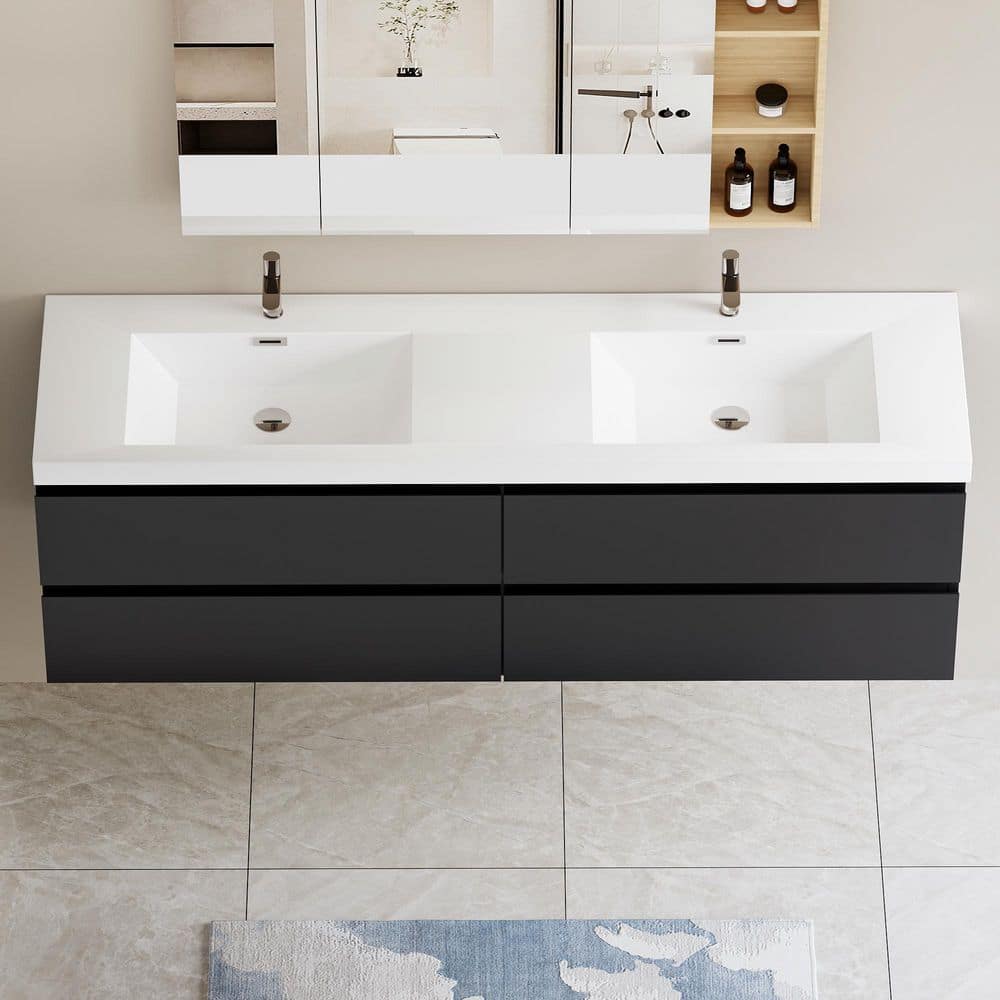 71 in. W x 20 in. D x 22 in. H Double Sink Wall-Mounted Bath Vanity in Black with White Resin Top price history on PriceWatchPro
