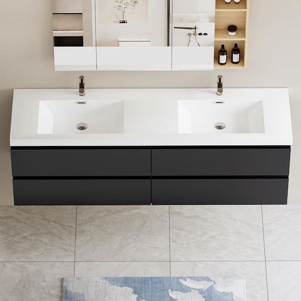 71 in. W x 20 in. D x 22 in. H Double Sink Wall-Mounted Bath Vanity in Black with White Resin Top