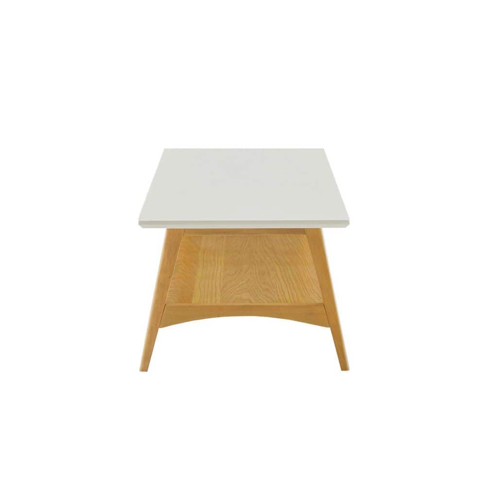 White rectangular coffee table with wooden base.