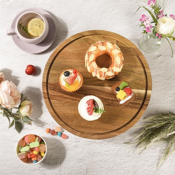 Brown 12 in. 1-Tier Acacia Wood Cake Stand with Lid, 2-in-1 Round Dessert Table Display Set for Charcuterie Board Cheese