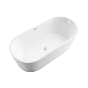 59 in.L x 29.5 in.W Freestanding White Acylic Soaking Bathtub with Brushed Nickel Overflow and Drain