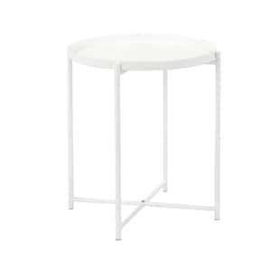 17.5 in. White Round Metal End Table with Tray Top and Open Metal Frame