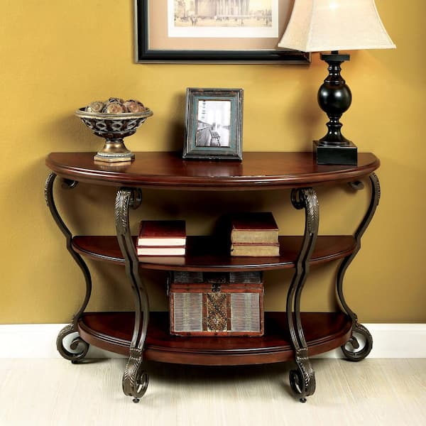 Furniture of America Nestillia 48 in. Brown Half-Circle Wood Console Table with 2-Shelf