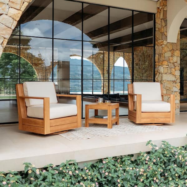 Largo 3-Piece Teak Patio Outdoor Swivel Lounge Chair with Vellum Sunbrella Cushion