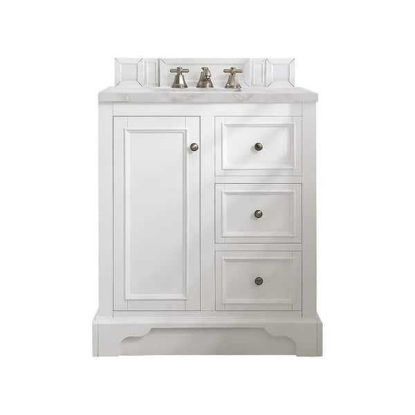 James Martin Vanities De Soto 31.3 in. W x 23.5 in. D x 36.3 in. H Single Bathroom Vanity in Bright White with Victorian Silver Quartz Top