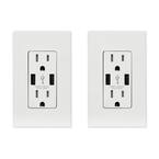 25-Watt 15 Amp Dual Type A USB Duplex Wall Outlet, Wall Plate Included, White (2-Pack)