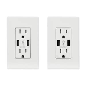 25-Watt 15 Amp Dual Type A USB Duplex Wall Outlet, Wall Plate Included, White (2-Pack)
