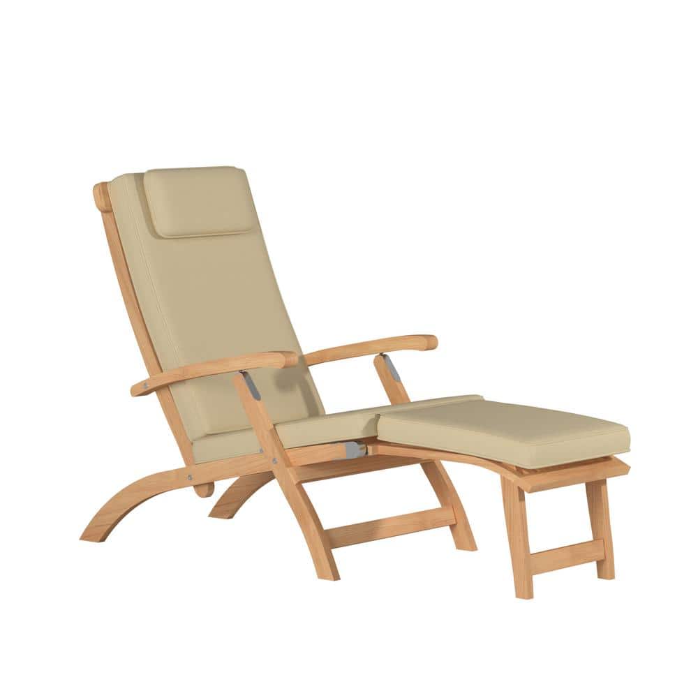 Adelle Teak Folding Outdoor Chaise Lounge with Sunbrella Antique Beige Cush