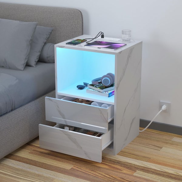 Hommpa Modern White Marble 2-Drawer 26.77 in. H x 17.72 in. W x 15.75 in. D Nightstand with Charging Station and RGB LED Light