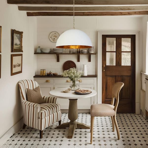 Mid-century 23.6 in. W 1-Light Gold Pendant Lamp, Modern Pendant Light with White Dome Shade for Dining Room, Kitchen