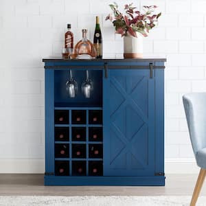 37 in. Blue Wood Buffet Bar Cabinet Barn Door with Marbling Pattern Countertop