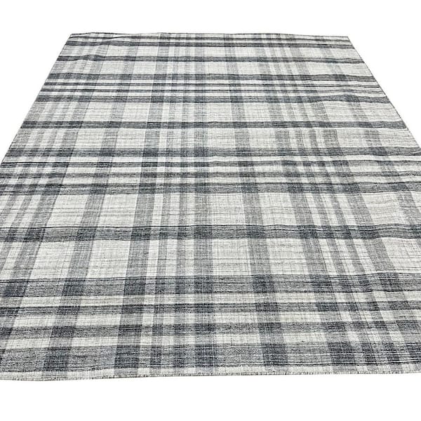 2' x 3' Ivory Gray and Black Wool Plaid Hand Woven Stain Resistant Area Rug