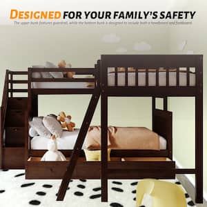 Espresso Twin Over Full L-Shaped Bunk Bed with 3-Drawers, Ladder and Staircase