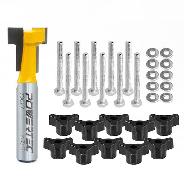 ‎POWERTEC 7/16 in. Dia x 3/16 in. H x 1/4 in. Shank Carbide Tipped T Slot Router Bit (1PK) w/ 1/4 in.-20 T-Track Knobs Kit (10PK)