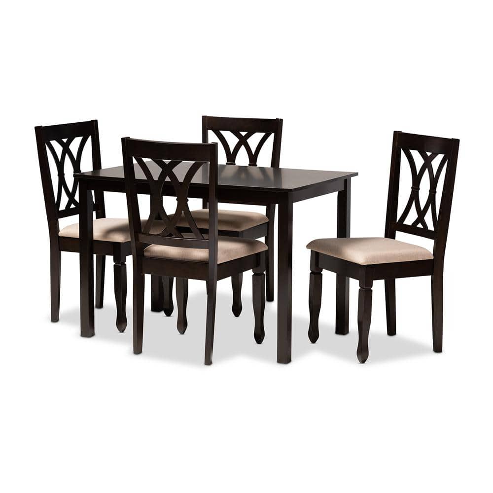 Espresso Brown and Sand Fabric 5-Piece Dining Set with Cut-Out Chair Design