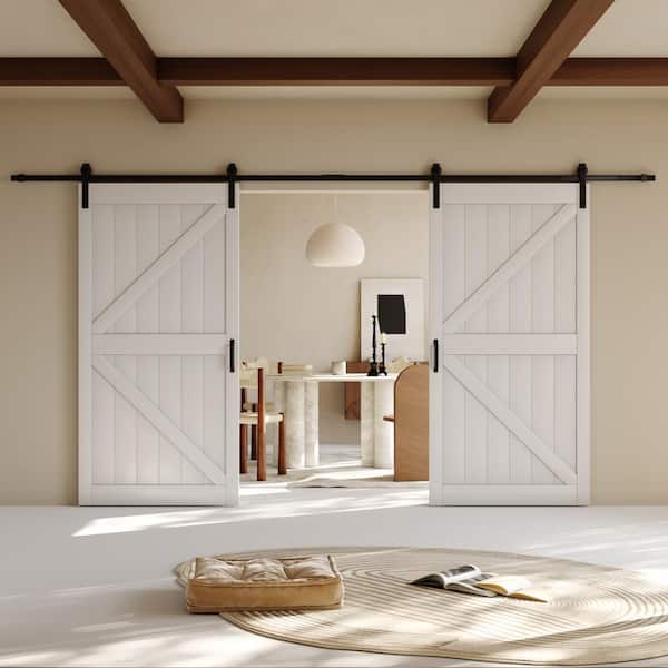 84 in. x 84 in. Paneled K Shape MDF White Primed Double Sliding Barn Door Slab with Hardware Kit