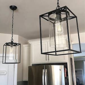 Lincoln 1-Light Black Lantern Rectangle Pendant With Glass Shade
