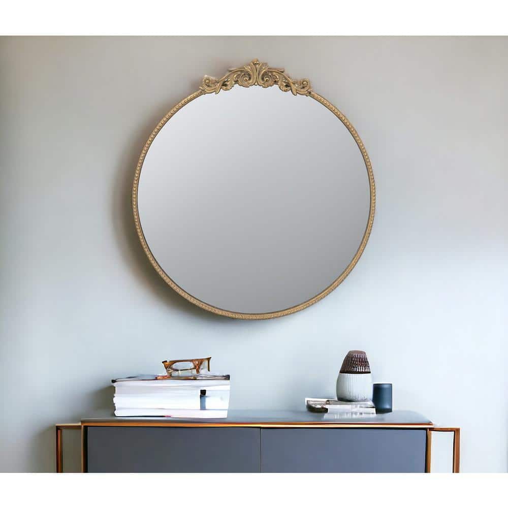 Round Gold Baroque-Inspired Mirror with Silver Detailing