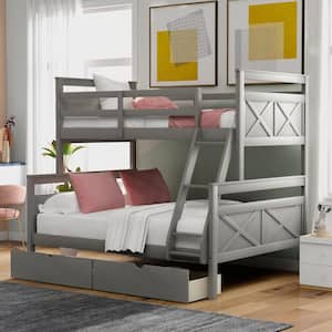 Gray Twin Over Full Bunk Bed with Ladder and 2-Storage Drawers