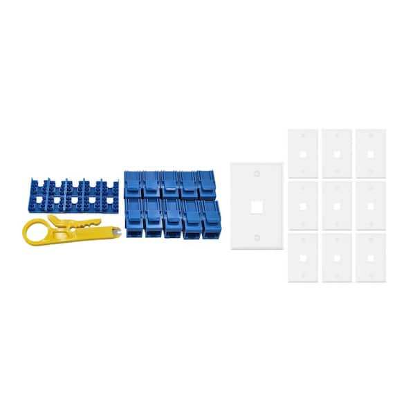 10-Pack 1-Gang White Keystone Plastic Wall Plates 1-Port and 10 Cat 6A RJ45 Keystone Jacks Blue