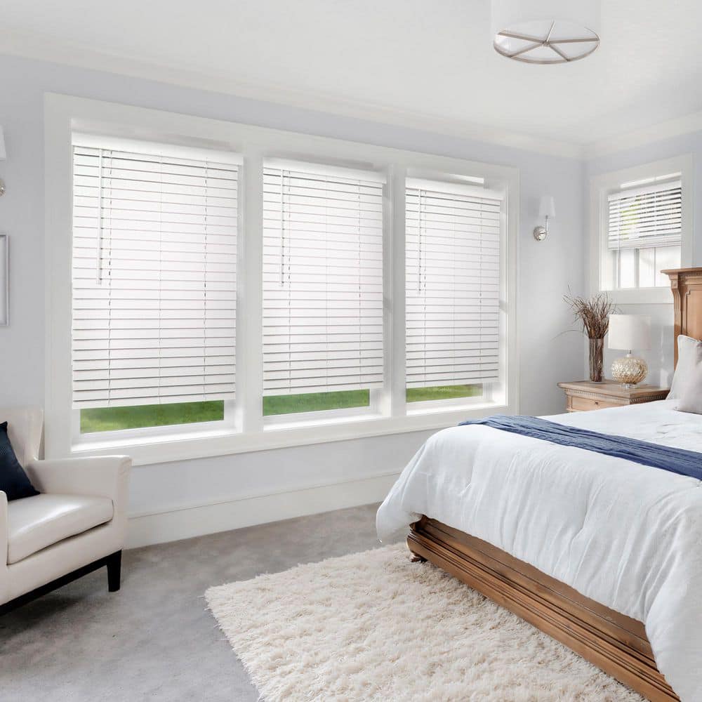 White Cordless Faux Wood Venetian Blinds, 66"W x 36"H