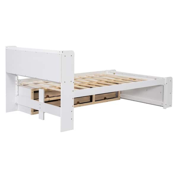 White Wood Frame Full Size Platform Bed with Bookcase Headboard, 6-Underbed Drawers, Bed End Storage Case