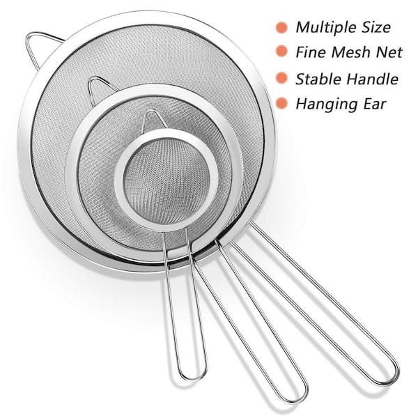 Stainless Steel Strainer Set with Super Wire Extra Fine Mesh for Kitchen, Juice, Quinoa, Food, Flour, Baking (3-Pack)