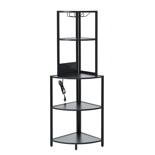 Tileon 5 Tier Corner Shelf with LED Light and USB Plug, With Glass Holder, Tall Standing Shelf for Wall Corner in Black