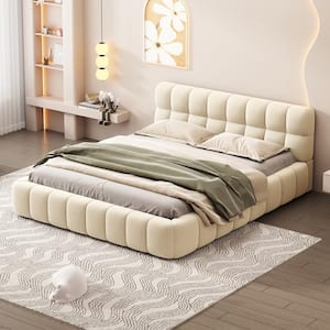 Beige Wood Frame Queen Size Linen Upholstered Platform Bed with Soft Foam-Filled Headboard, Grounded Bed