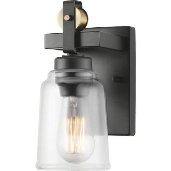 Knollwood 4.5 in. Antique Bronze Sconce with Vintage Brass Accents and Clear Glass Shade
