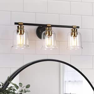 Modern 20.5 in. 3-Light Black Bathroom Vanity Light Wall Sconce with Plated Brass Accents and Bell Clear Glass Shades