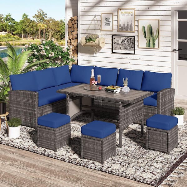 Tenleaf 7-Piece Gray Wicker Outdoor Dining Set with Dark Blue Cushions ...
