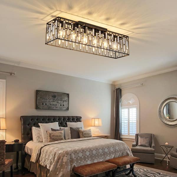 Genoci 38.7 in. 6-Light Black Modern Crystal Rectangle Flush Mount