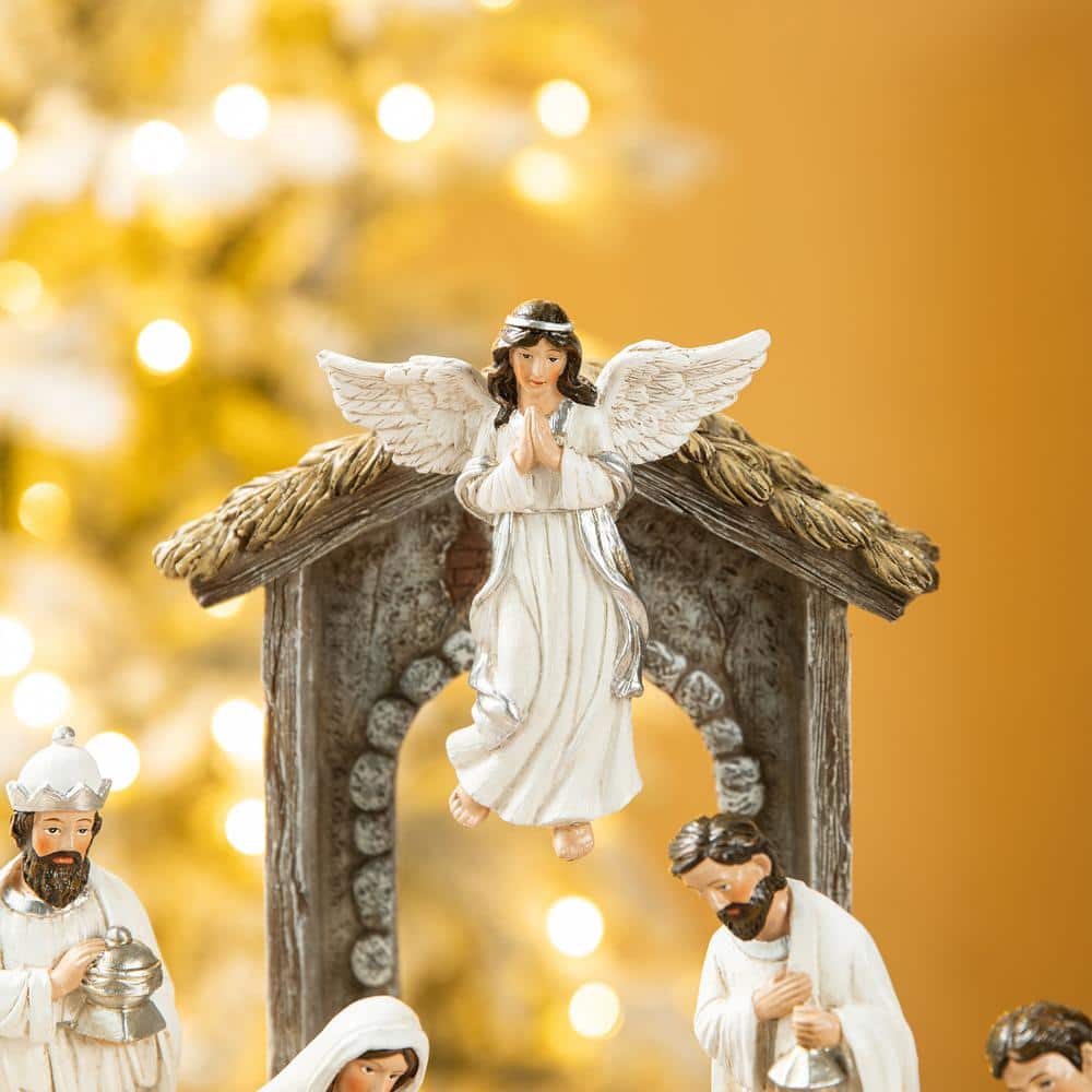 Ivory Resin Nativity Scene Set with Angel and Holy Family