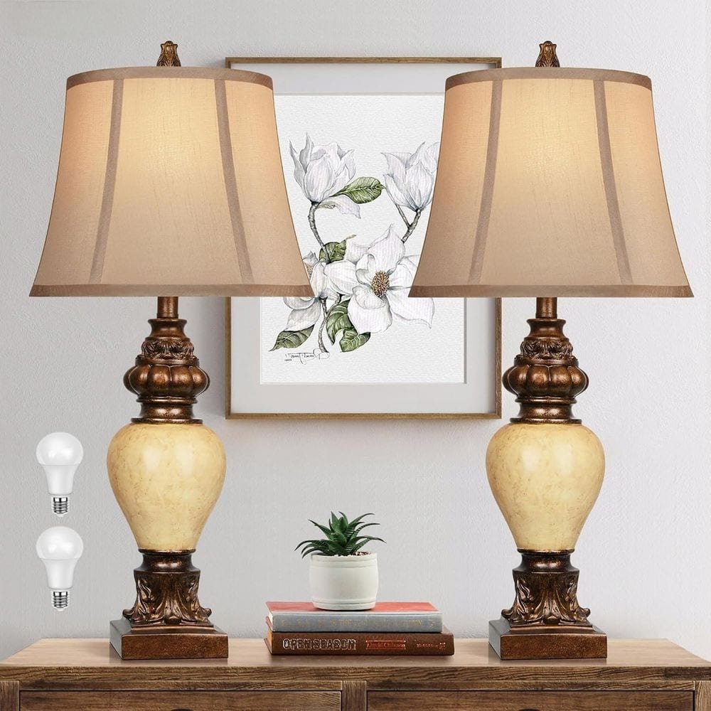 28 in. High Traditional Table Lamp Set of 2 Vintage Bronze Bedside Lamps Fa