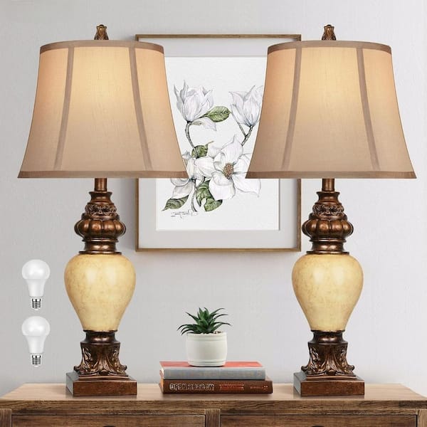 28 in. High Traditional Table Lamp Set of 2 Vintage Bronze Bedside Lamps Faux Silk Bell Shades Lamp for Bedroom-Brown