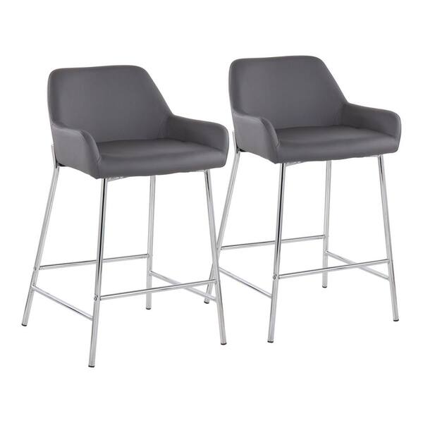 Lumisource Daniella 33 in. Fixed-Height Grey Faux Leather and Chrome Counter Height Bar Stool (Set of 2)