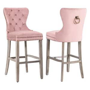 Harper 29 in. Pink Velvet Tufted Wingback Kitchen Counter Bar Stool with Solid Wood Frame in Antique Gray