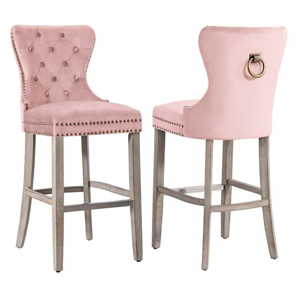 WESTINFURNITURE Harper 29 in. Pink Velvet Tufted Wingback Kitchen Counter Bar Stool with Solid Wood Frame in Antique Gray (Set of 2)