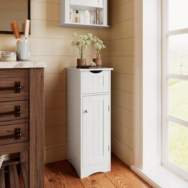 Ashland 11 in. W x 13.5 in. D x 32 in. H White Linen Cabinet Narrow Bathroom and Laundry Storage Cabinet with Drawer