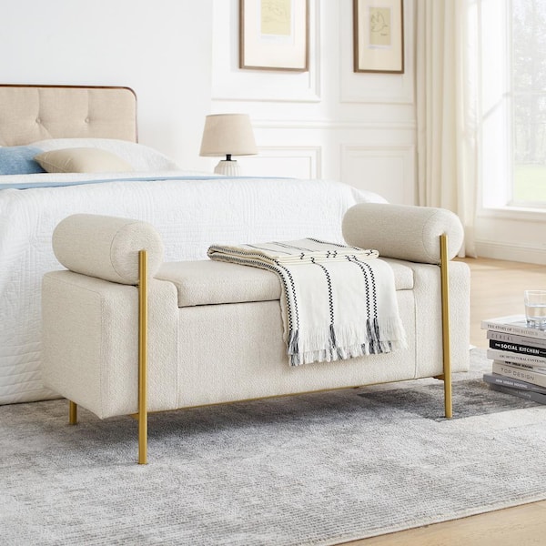 Noble House Summit Beige Modern Upholstered Storage Ottoman Bench, Gold Iron Legs