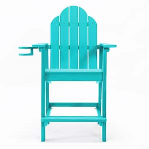 All-Weather Plastic Composite Outdoor Bar Stool Adirondack Arm Chairs with Cup Holder in Aruba Blue