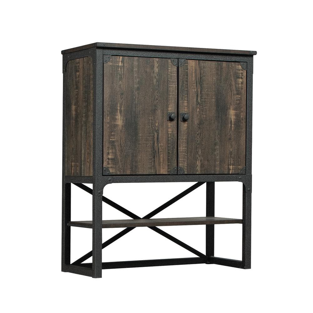 Carbon Oak Industrial China Cabinet with Metal Frame