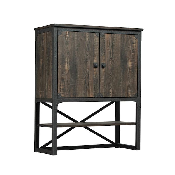 SAUDER Steel River Carbon Oak Hutch with Doors and Open Shelf