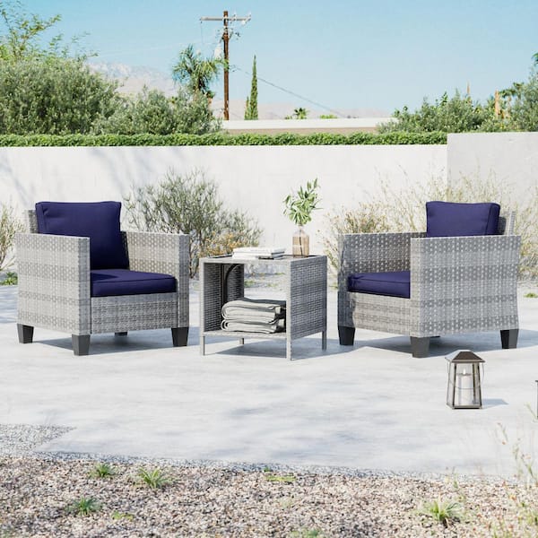 3-Piece Gray Wicker Patio Bistro Set Outdoor Single Sofa Set with Side Table for Outdoor Lawn, Navy Blue Cushions